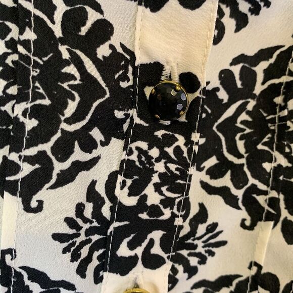 Lands’ End Black White Houndstooth Floral Tie Neck Button Front LS Tunic Sz 12 - Picture 13 of 16